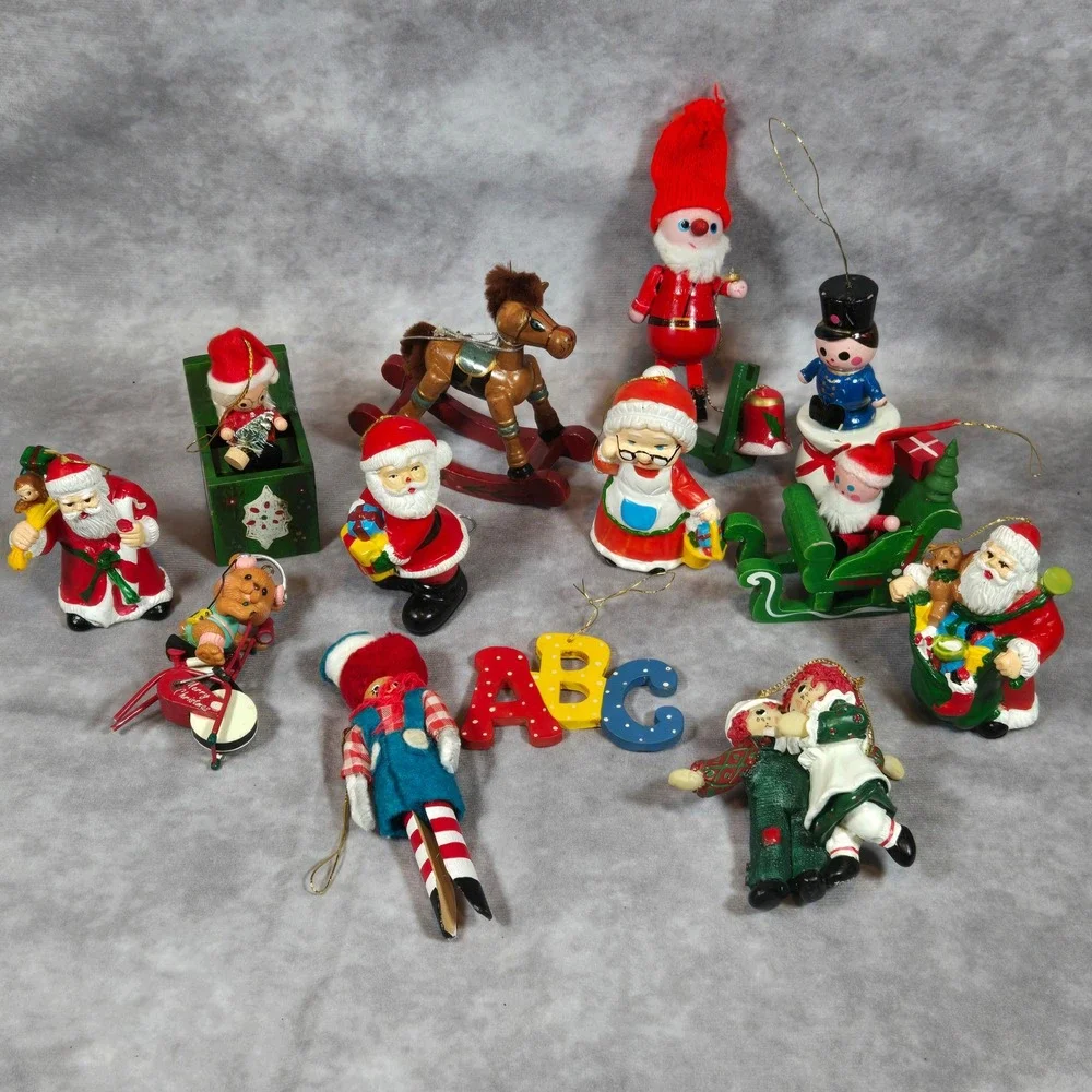 Vintage Christmas Ornaments Santa Horse Raggedy Ann Lot of 13